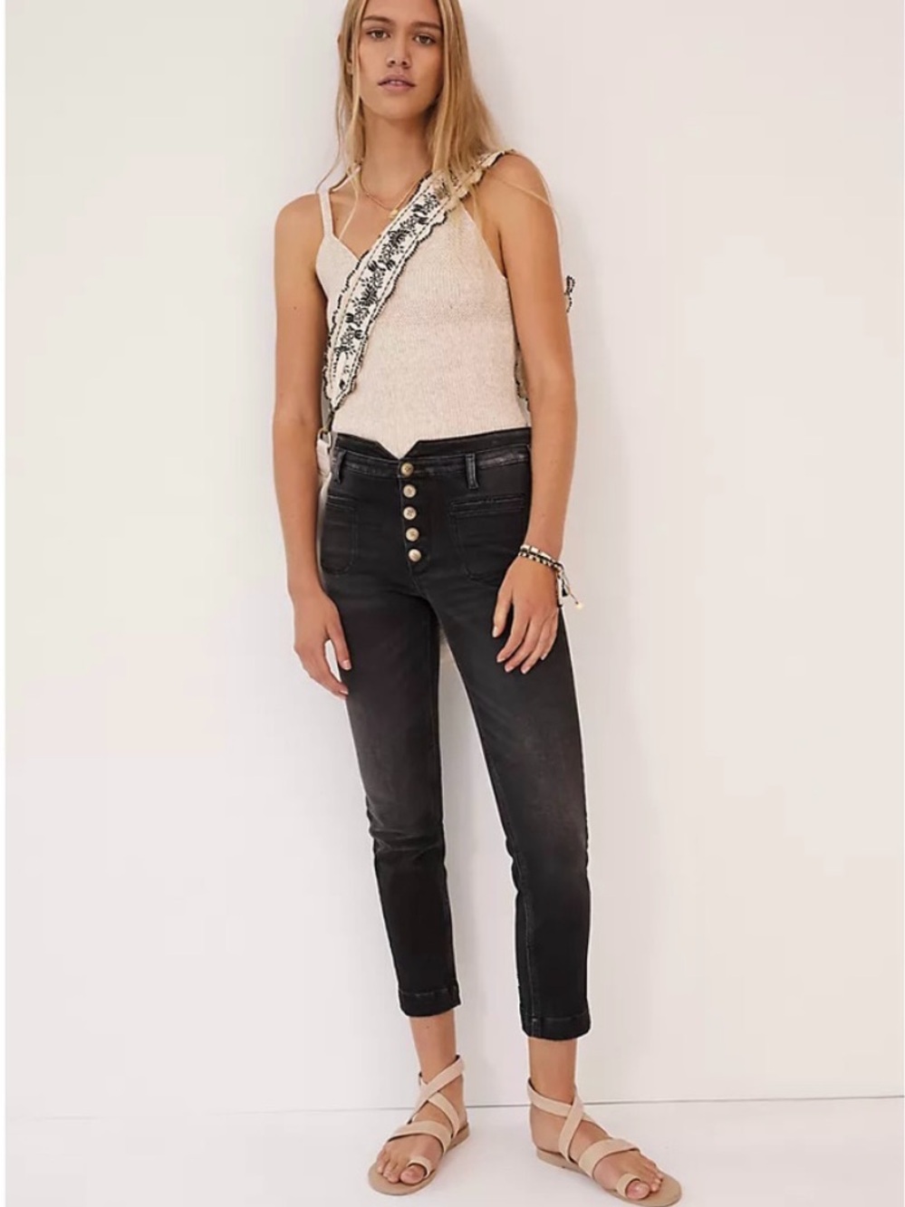Pilcro and The Letterpress High Rise Slim Button Jeans Size 30 Cropped Black/Gry